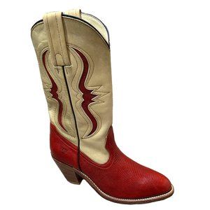 Vtg 1970s-80s Frye Women's Lizard Western Cowgirl Boots Red Cream MADE USA 7.5 B